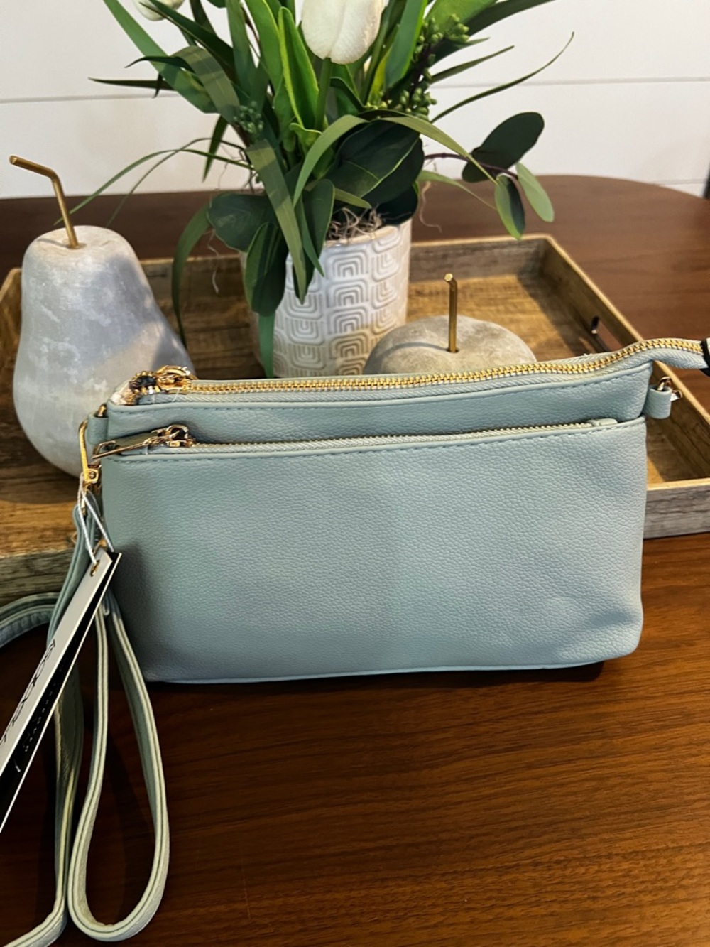 Women's Light Blue Pebbled Wristlet Clutch with Gold Hardware